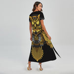 Steampunk Owl Print Short Sleeve Maxi Dress