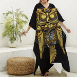 Steampunk Owl Print Silk V-Neck Kaftan Dress