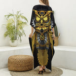 Steampunk Owl Print Silk V-Neck Kaftan Dress