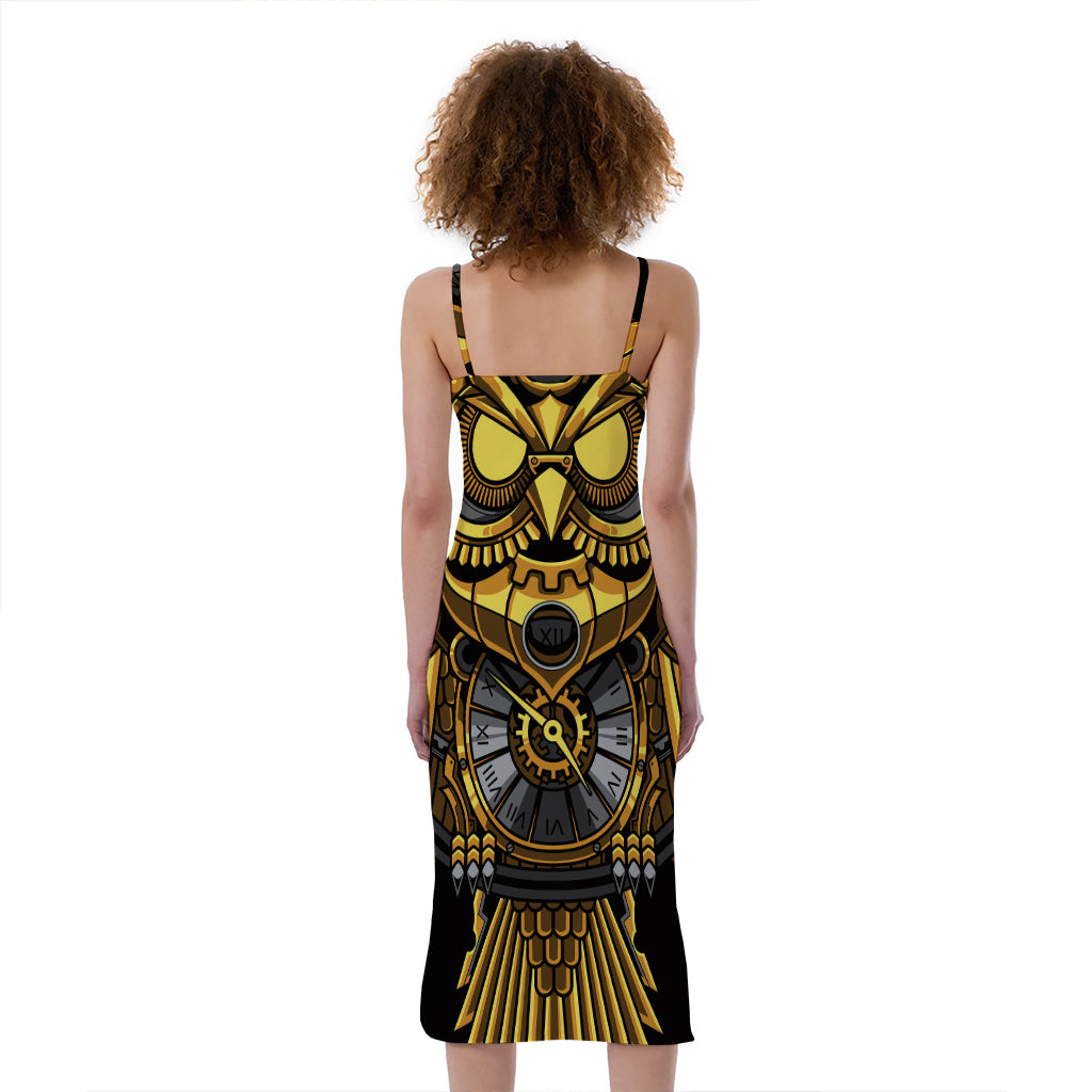Steampunk Owl Print Slim Fit Midi Cami Dress