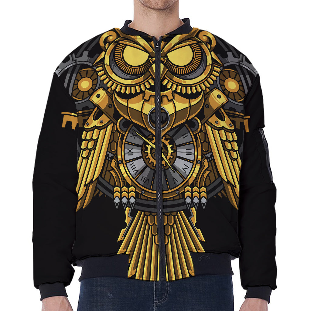 Steampunk Owl Print Zip Sleeve Bomber Jacket