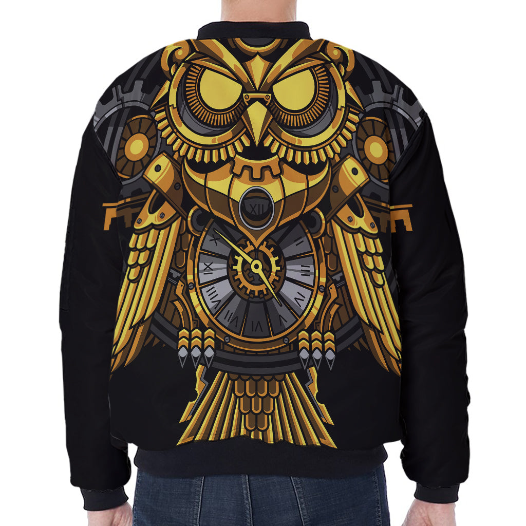 Steampunk Owl Print Zip Sleeve Bomber Jacket