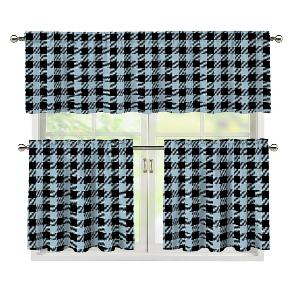 Steel Blue And Black Buffalo Check Print 3 Piece Kitchen Curtains