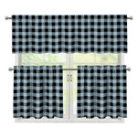 Steel Blue And Black Buffalo Check Print 3 Piece Kitchen Curtains