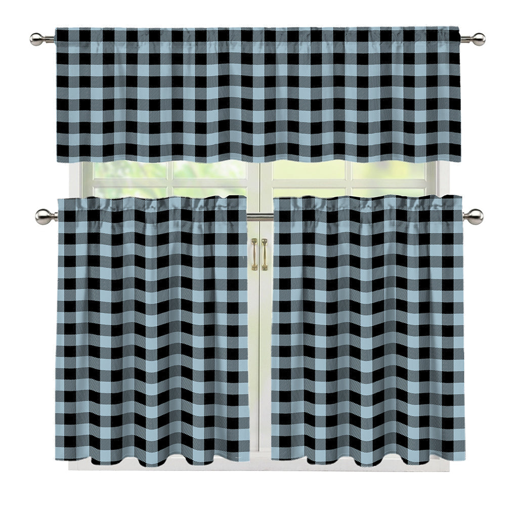 Steel Blue And Black Buffalo Check Print 3 Piece Kitchen Curtains