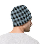 Steel Blue And Black Buffalo Check Print Beanie