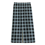 Steel Blue And Black Buffalo Check Print Cotton Front Slit Maxi Skirt