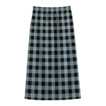Steel Blue And Black Buffalo Check Print Cotton Front Slit Maxi Skirt