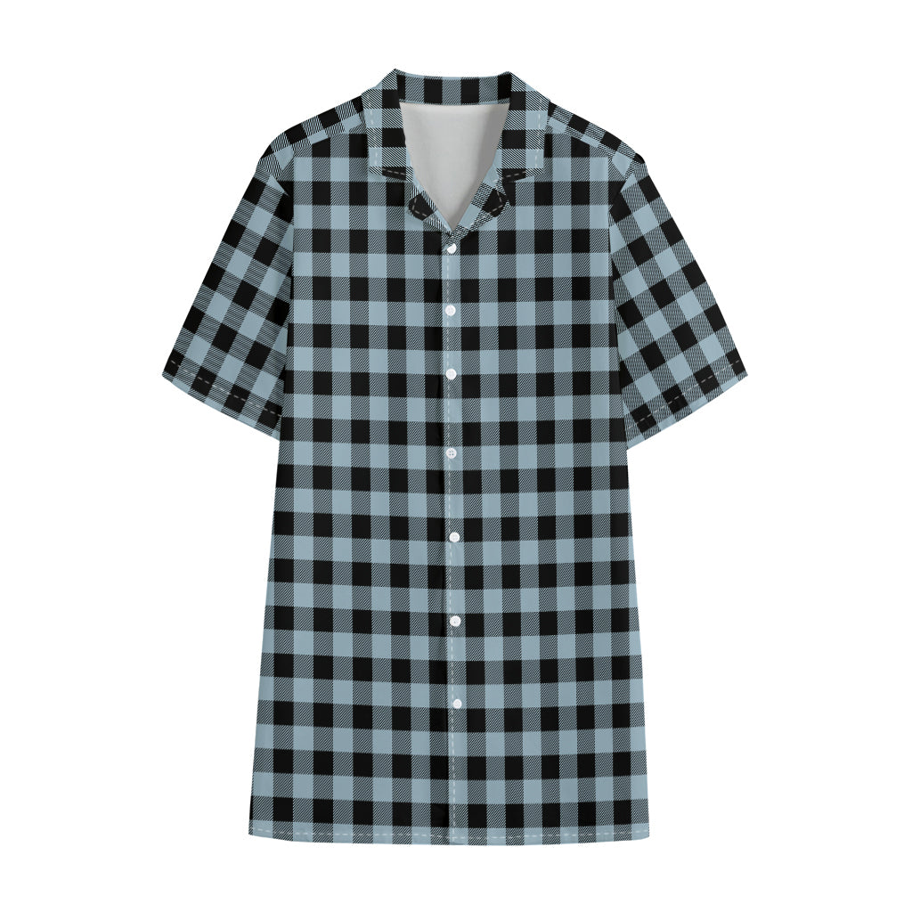 Steel Blue And Black Buffalo Check Print Cotton Hawaiian Shirt