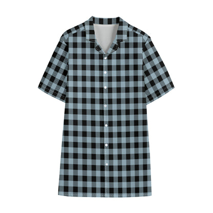 Steel Blue And Black Buffalo Check Print Cotton Hawaiian Shirt