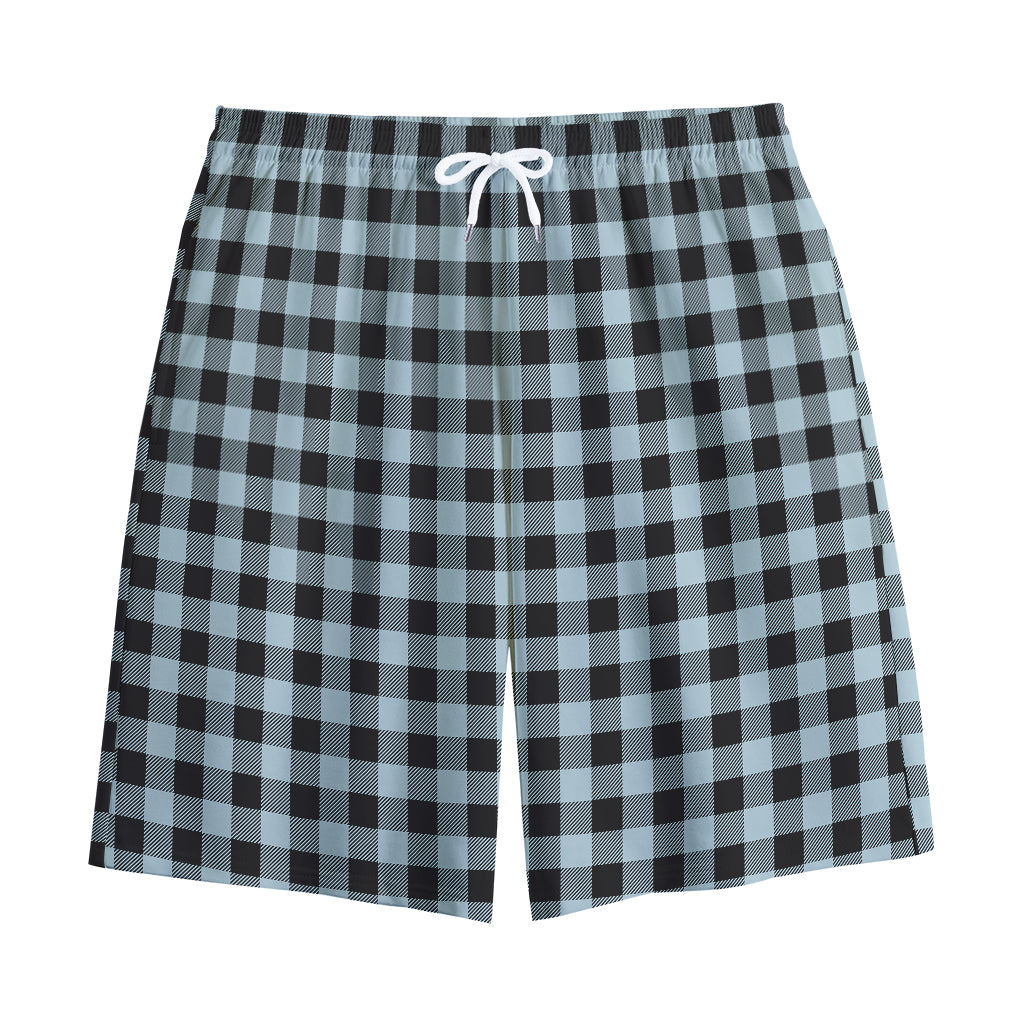 Steel Blue And Black Buffalo Check Print Cotton Shorts