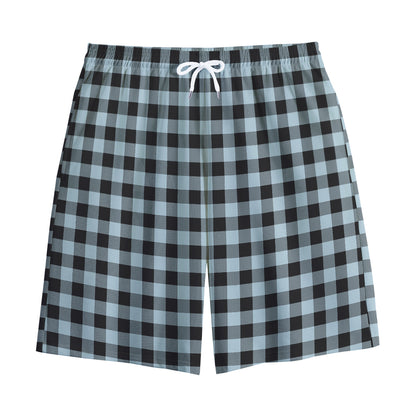 Steel Blue And Black Buffalo Check Print Cotton Shorts