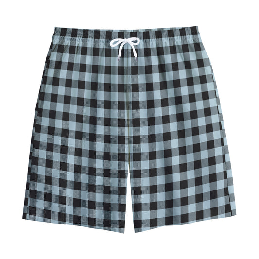 Steel Blue And Black Buffalo Check Print Cotton Shorts