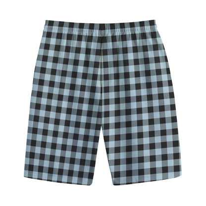 Steel Blue And Black Buffalo Check Print Cotton Shorts