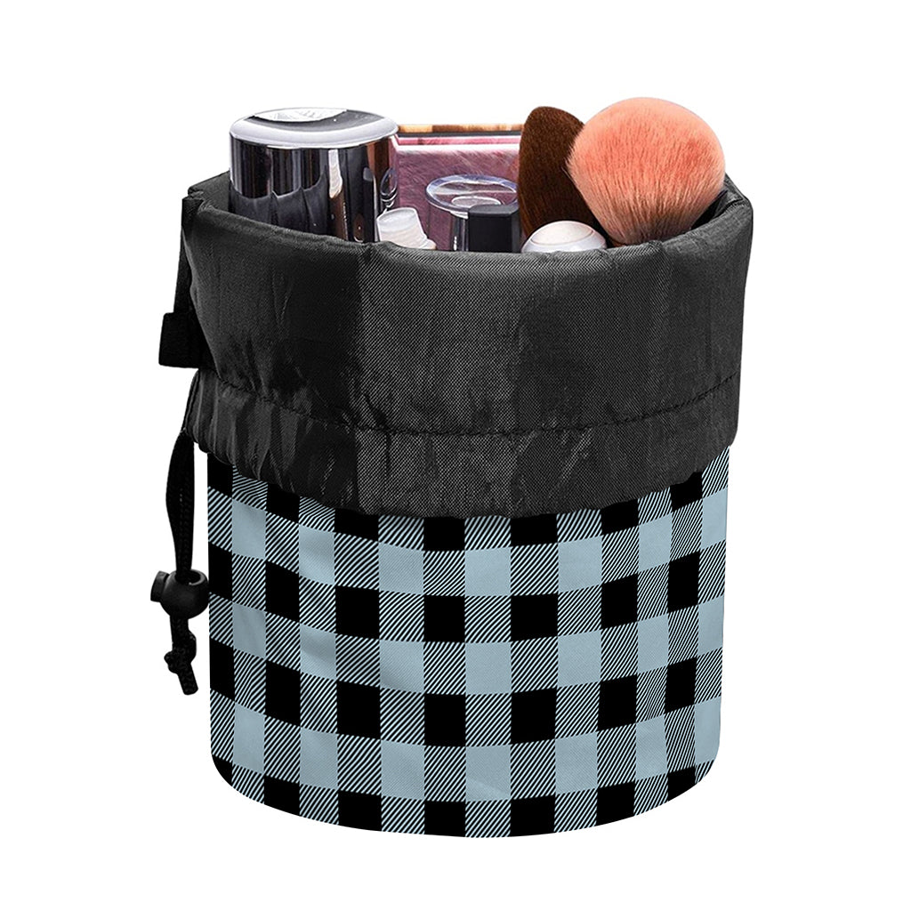 Steel Blue And Black Buffalo Check Print Drawstring Makeup Bag