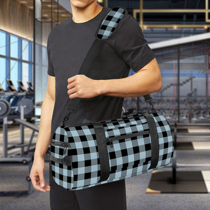 Steel Blue And Black Buffalo Check Print Gym Bag