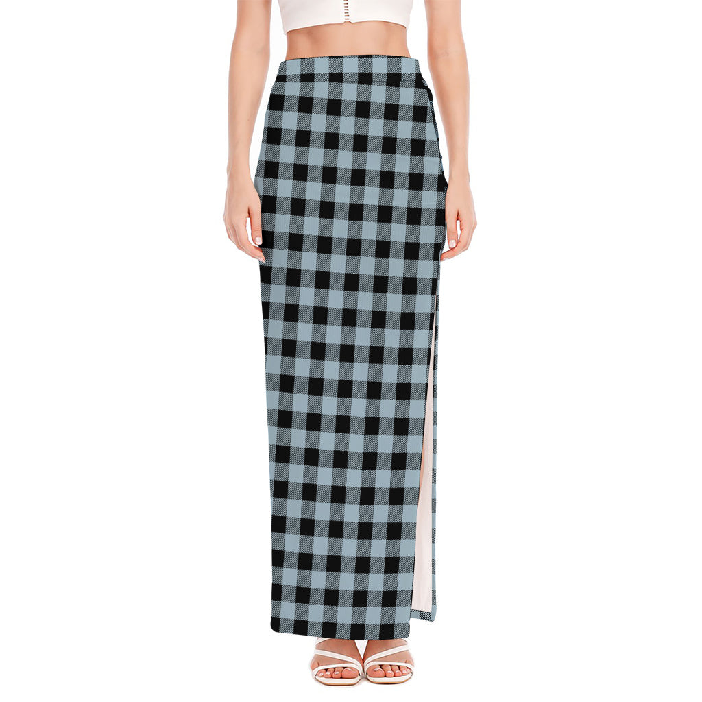 Steel Blue And Black Buffalo Check Print High Slit Maxi Skirt
