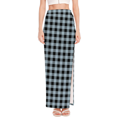 Steel Blue And Black Buffalo Check Print High Slit Maxi Skirt