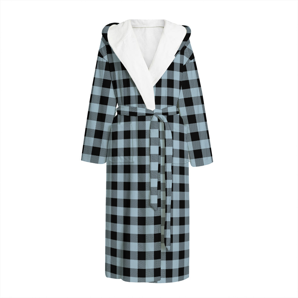 Steel Blue And Black Buffalo Check Print Hooded Bathrobe