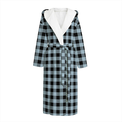 Steel Blue And Black Buffalo Check Print Hooded Bathrobe