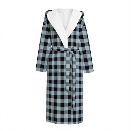 Steel Blue And Black Buffalo Check Print Hooded Bathrobe