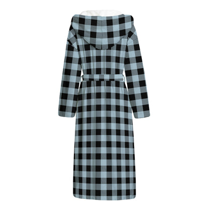 Steel Blue And Black Buffalo Check Print Hooded Bathrobe
