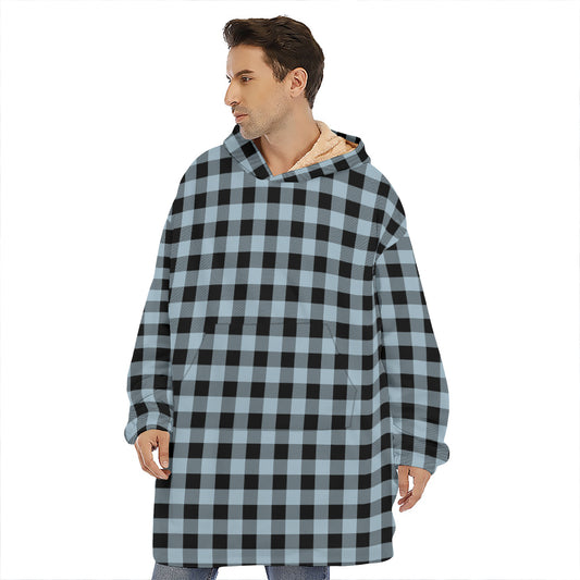Steel Blue And Black Buffalo Check Print Hoodie Blanket