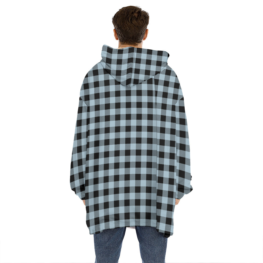 Steel Blue And Black Buffalo Check Print Hoodie Blanket