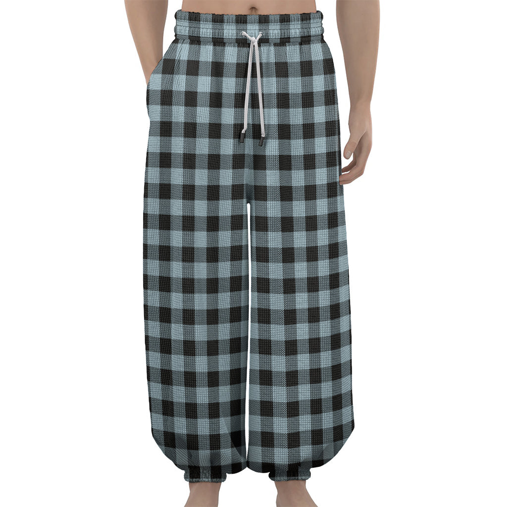 Steel Blue And Black Buffalo Check Print Lantern Pants