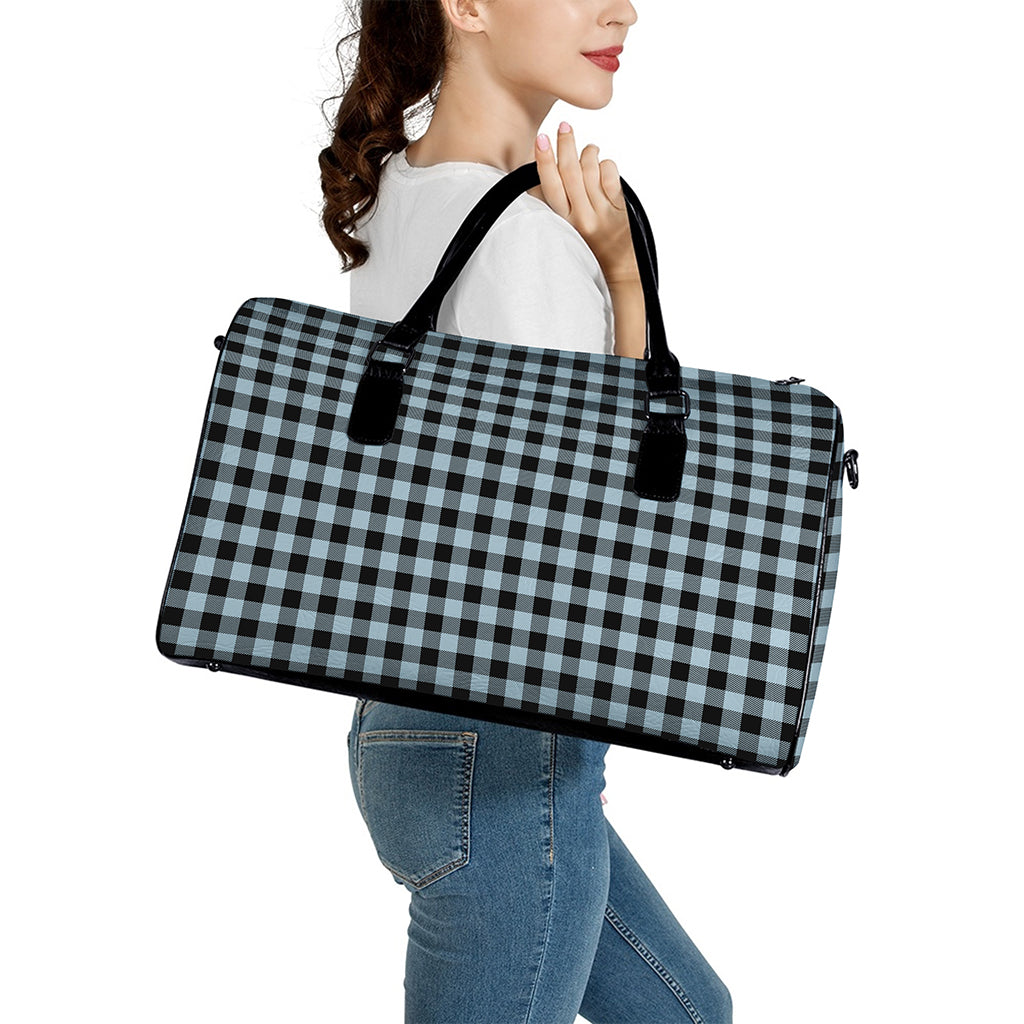 Steel Blue And Black Buffalo Check Print Leather Duffle Bag