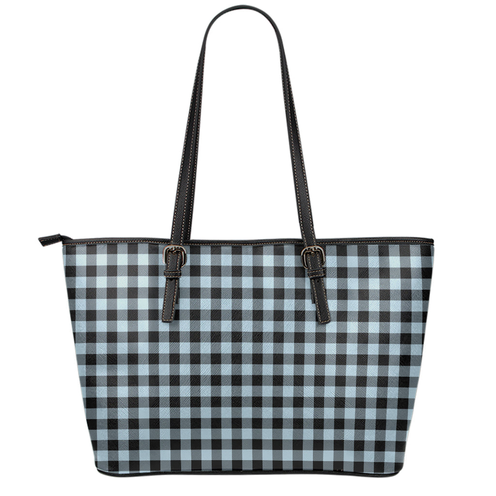 Steel Blue And Black Buffalo Check Print Leather Tote Bag