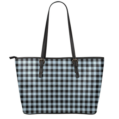 Steel Blue And Black Buffalo Check Print Leather Tote Bag