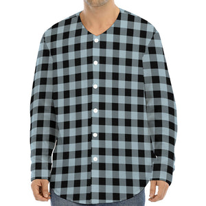 Steel Blue And Black Buffalo Check Print Long Sleeve Baseball Jersey