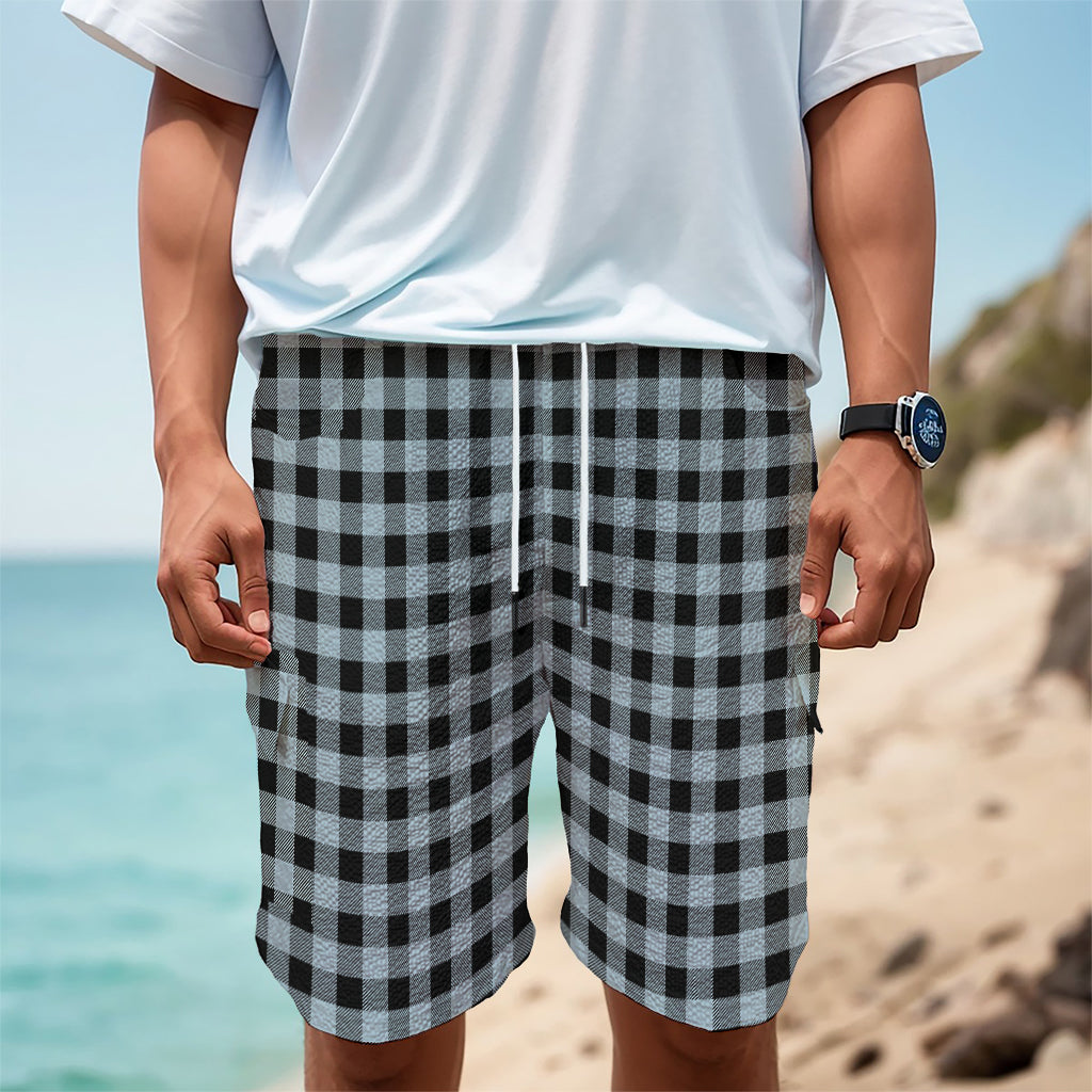 Steel Blue And Black Buffalo Check Print Men's Cargo Shorts