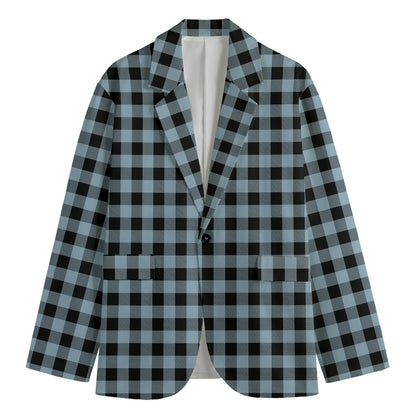 Steel Blue And Black Buffalo Check Print Men's Cotton Blazer