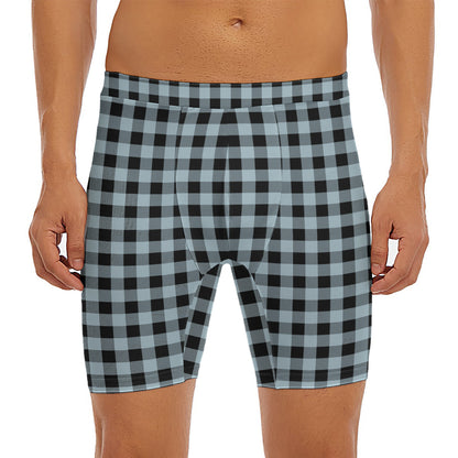 Steel Blue And Black Buffalo Check Print Men's Long Boxer Briefs