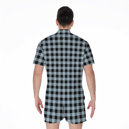 Steel Blue And Black Buffalo Check Print Men's Rompers