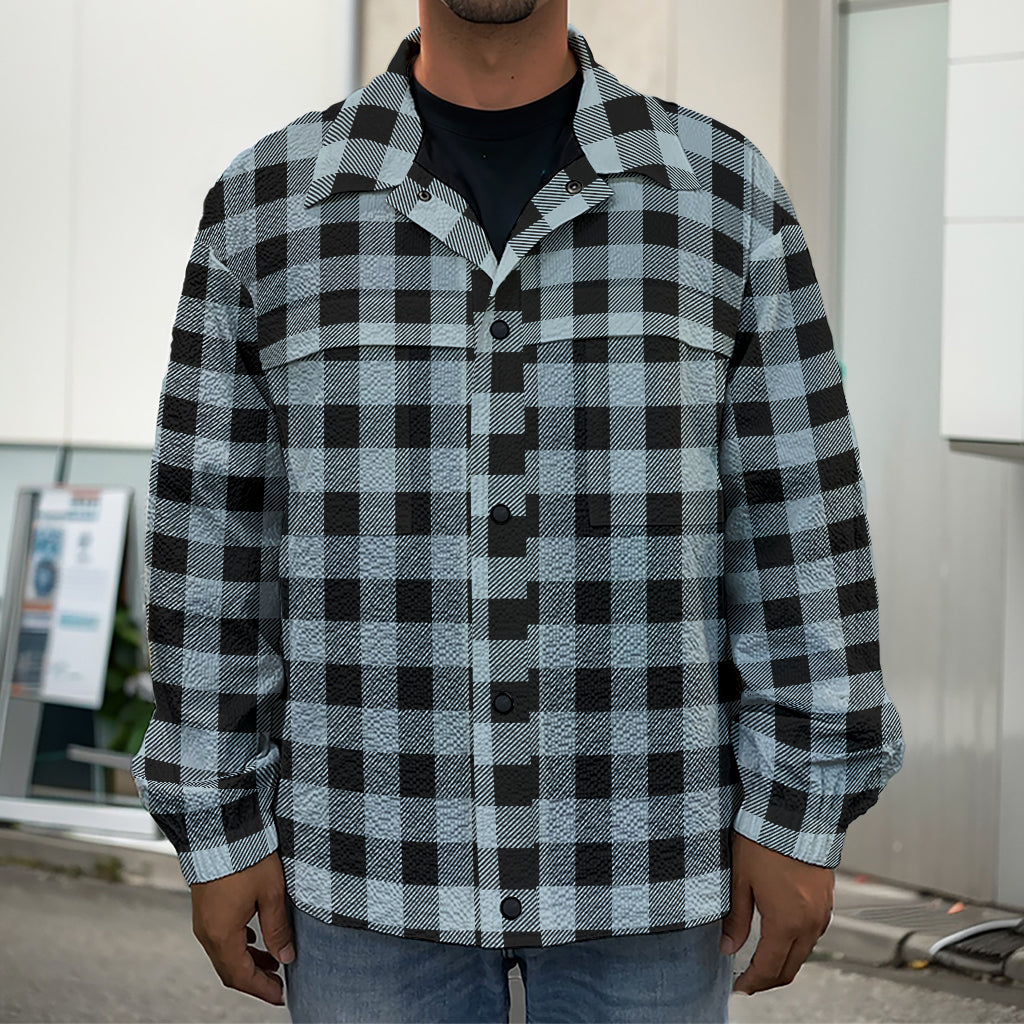 Steel Blue And Black Buffalo Check Print Men's Shirt Jacket
