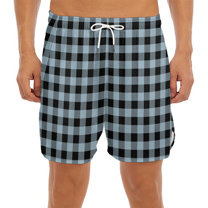 Steel Blue And Black Buffalo Check Print Men's Split Running Shorts