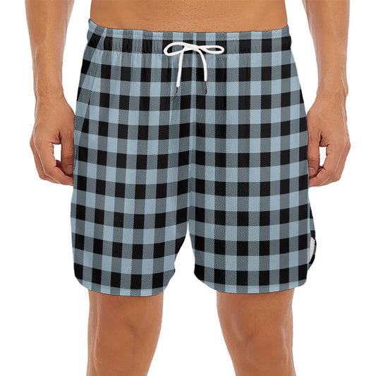 Steel Blue And Black Buffalo Check Print Men's Split Running Shorts