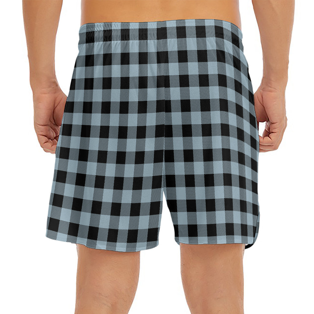 Steel Blue And Black Buffalo Check Print Men's Split Running Shorts