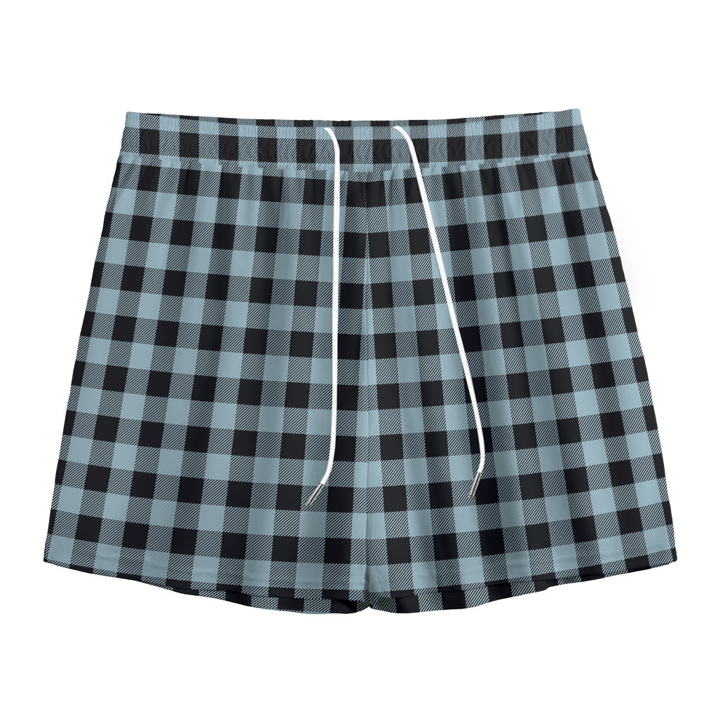 Steel Blue And Black Buffalo Check Print Mesh Shorts