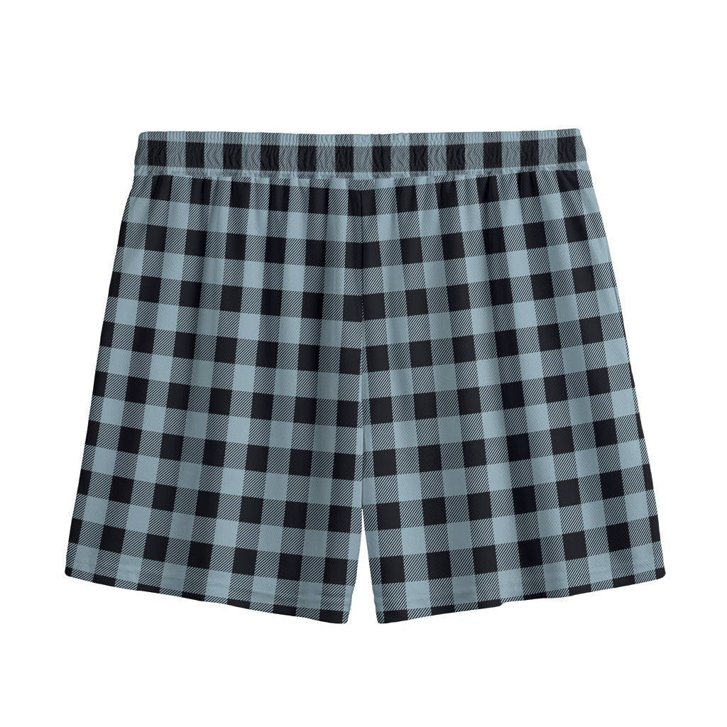 Steel Blue And Black Buffalo Check Print Mesh Shorts