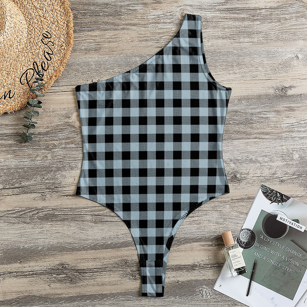 Steel Blue And Black Buffalo Check Print One Shoulder Bodysuit