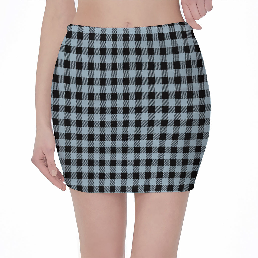 Steel Blue And Black Buffalo Check Print Pencil Mini Skirt