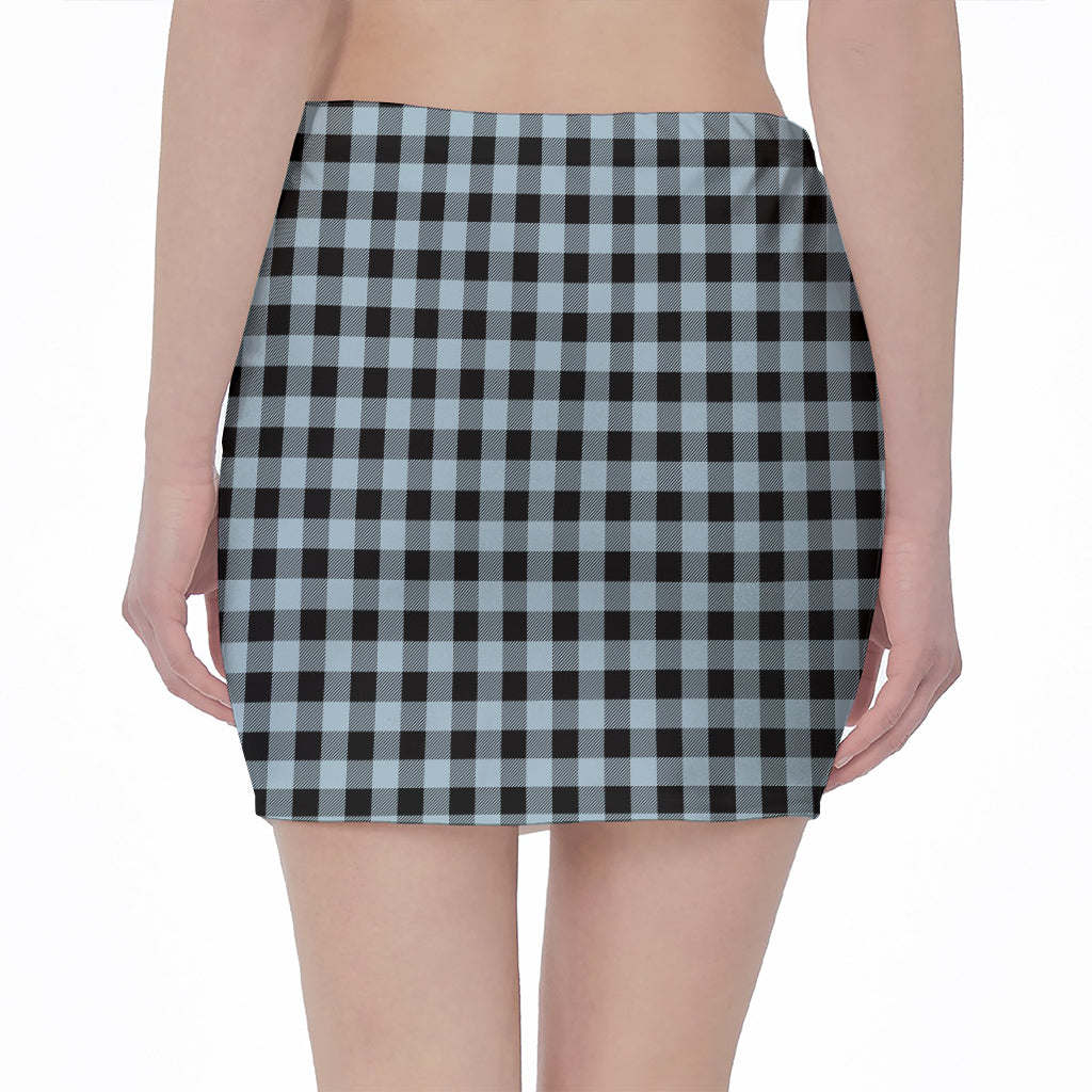 Steel Blue And Black Buffalo Check Print Pencil Mini Skirt