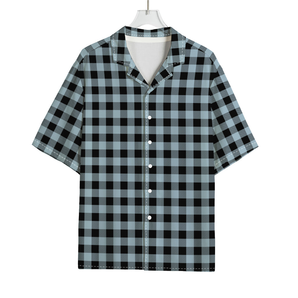 Steel Blue And Black Buffalo Check Print Rayon Hawaiian Shirt