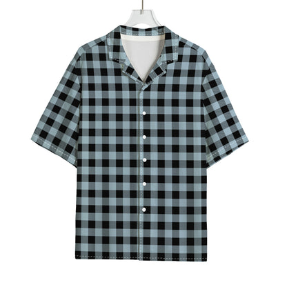 Steel Blue And Black Buffalo Check Print Rayon Hawaiian Shirt