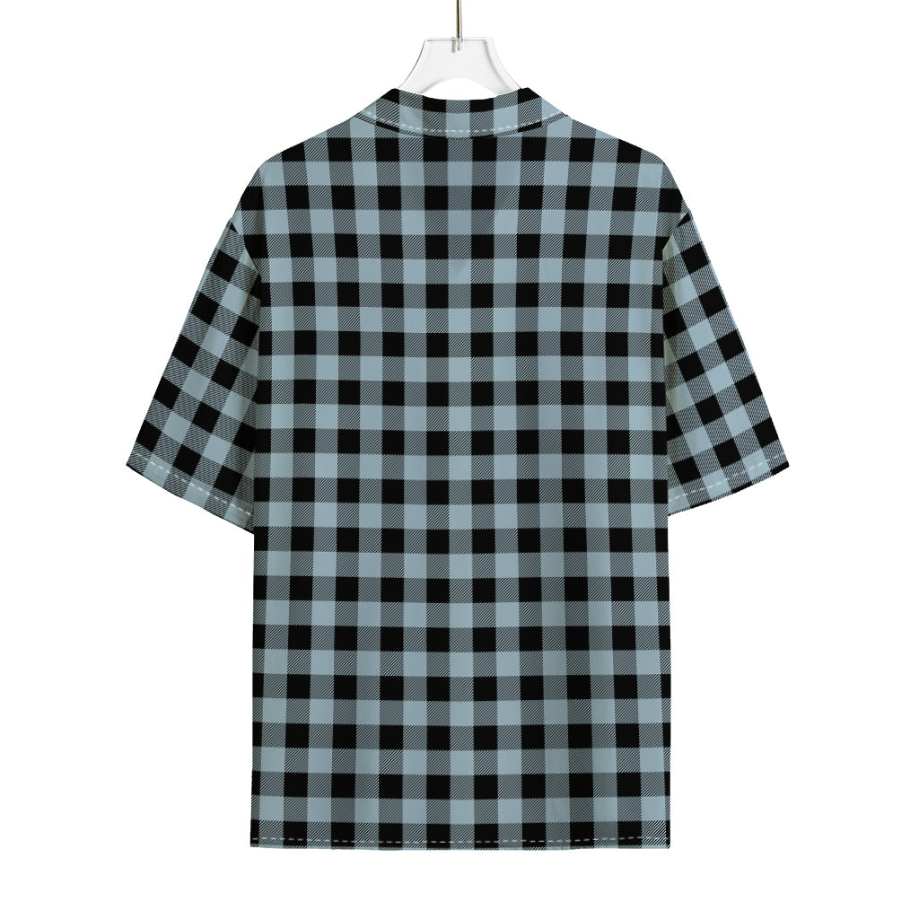 Steel Blue And Black Buffalo Check Print Rayon Hawaiian Shirt