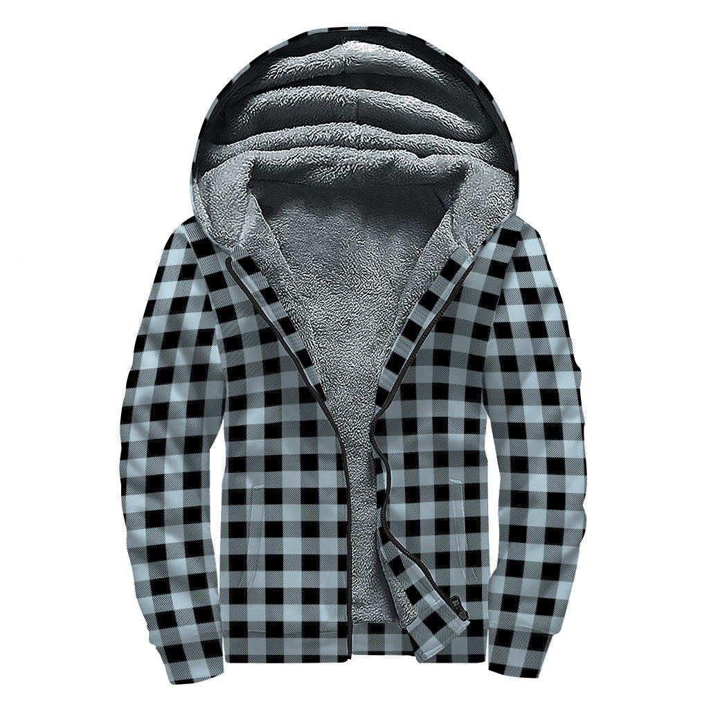 Steel Blue And Black Buffalo Check Print Sherpa Lined Zip Up Hoodie